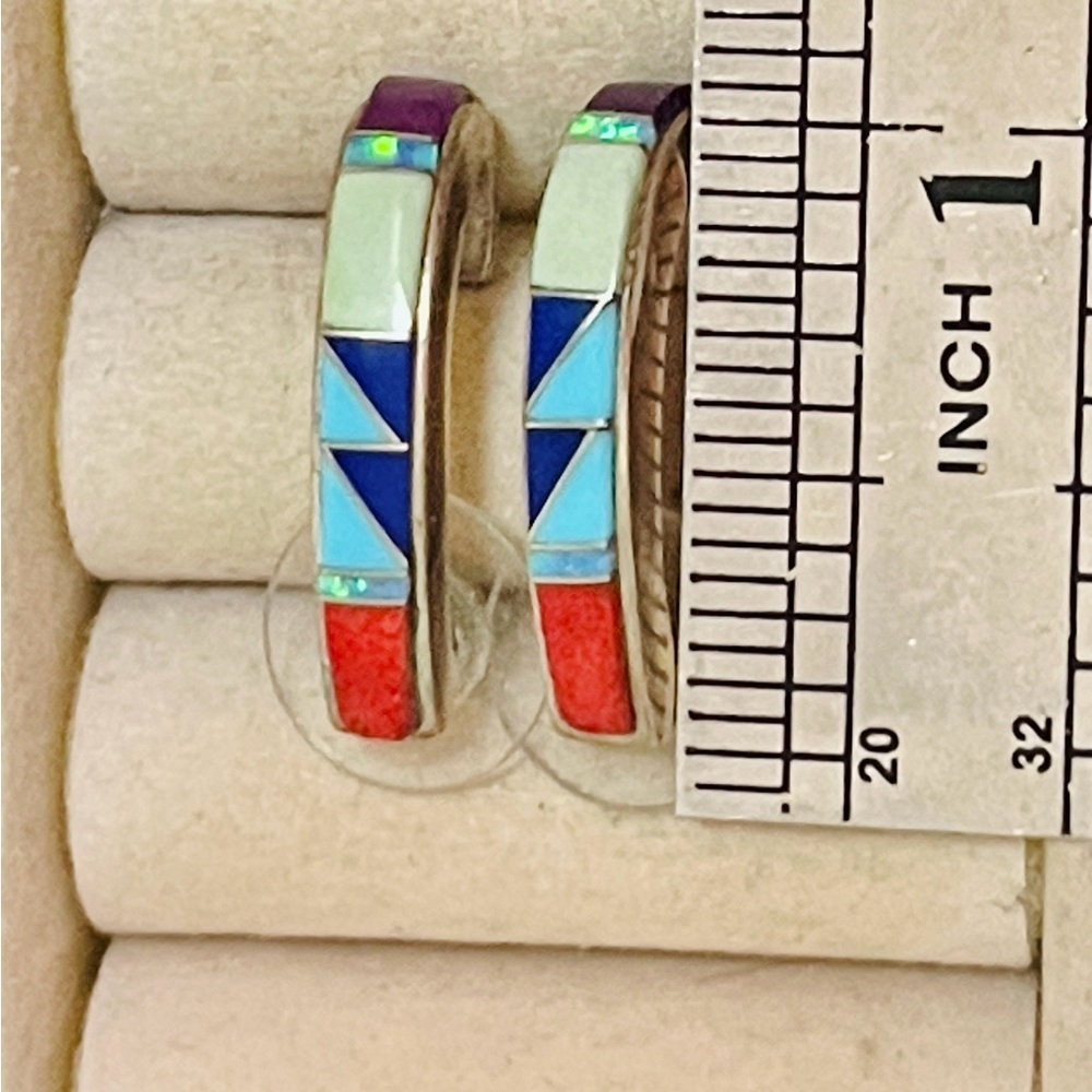 VTG NATIVE AMERICAN ZUNI Sterling Turquoise Coral Pearl Opal Inlai Hoop Earrings - Picture 4 of 6